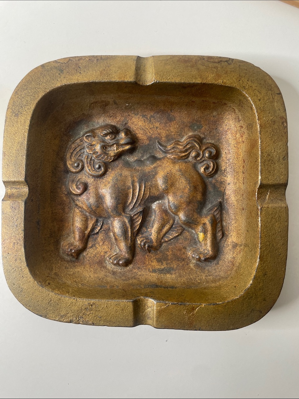 Vintage Japanese cast iron gold tones foo dog (Chinese guardian lion) ash tray